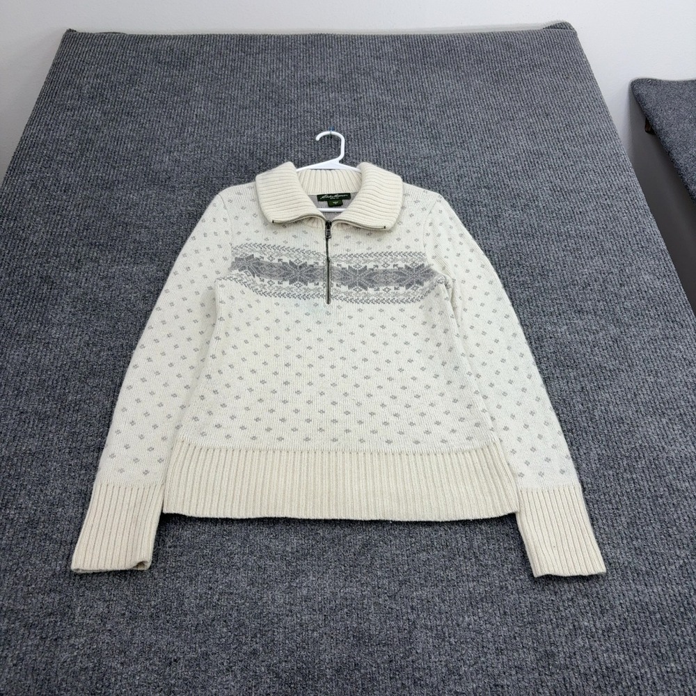Eddie Bauer Sweater Womens M Cream Wool Blend Fair Isle Quarter Zip Gorpcore